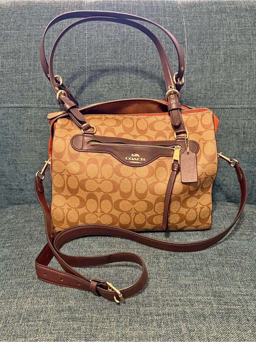 Coach Brown/Tan Signature Canvas Shoulder Bag with Dark Brown Trim